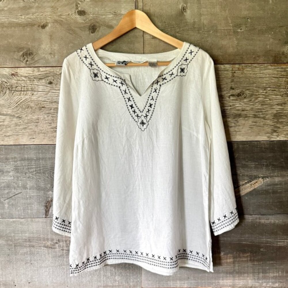 Richard Malcolm Embroidered Irish Linen Top M White V-Neck Flowy Peasant Boho